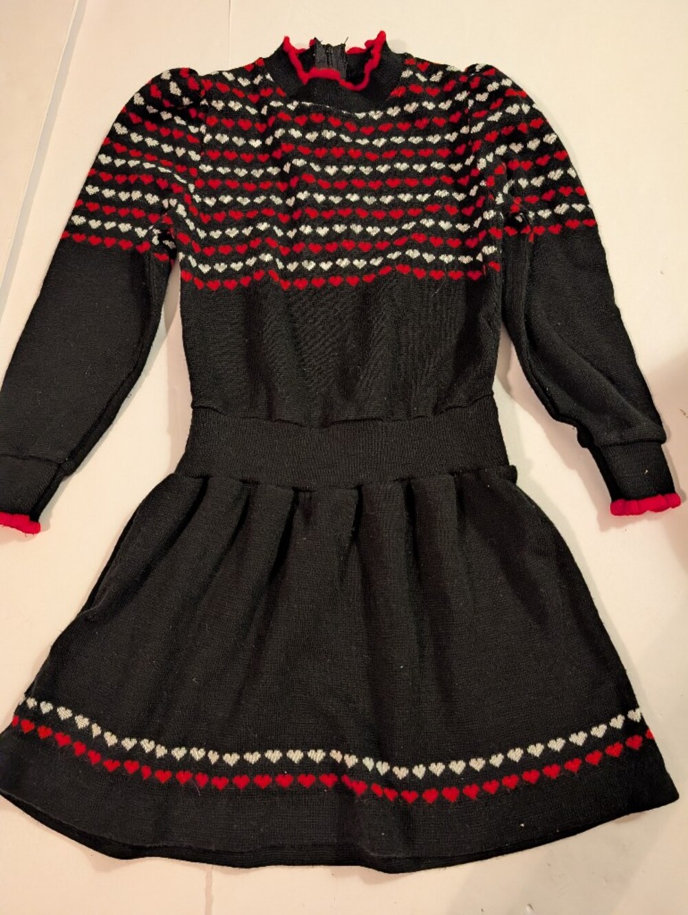 Vintage Black Knit Heart-Pattern Girls Dress with Red & Cream Accents Sz 5